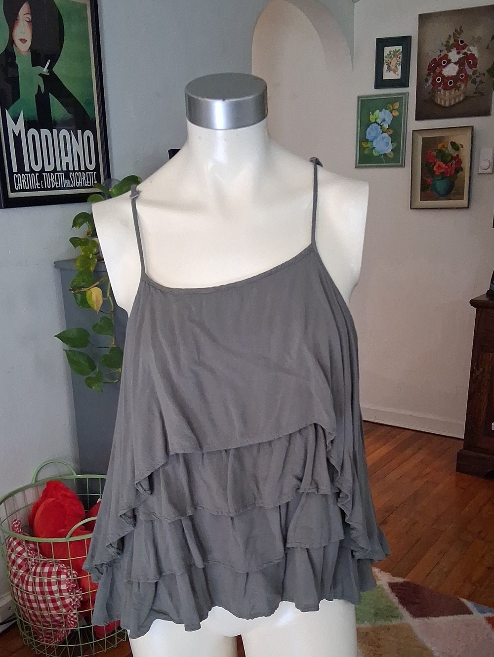 Insight Gray Tiered Ruffle Spaghetti Strap Camisole